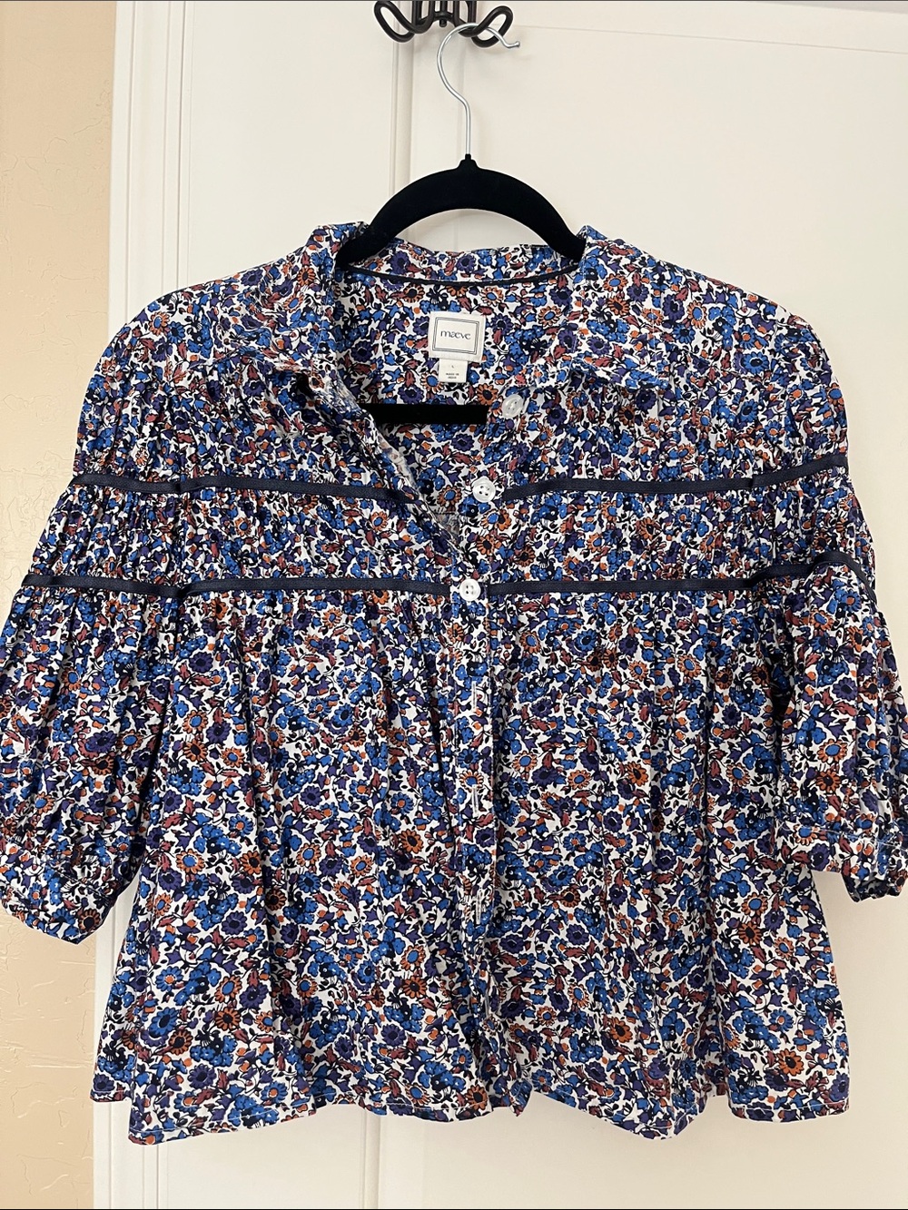 Maeve Blue Brown Floral Button-Front Peasant Blouse